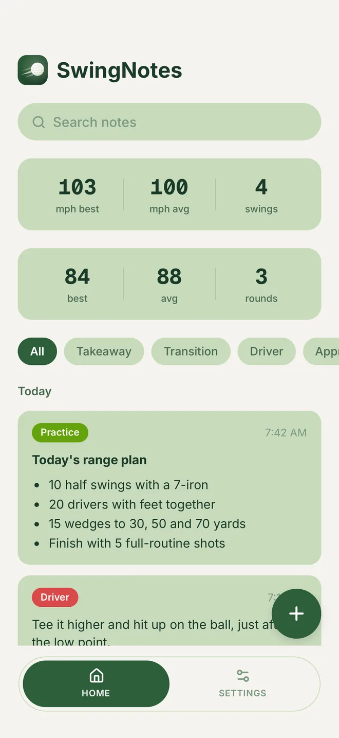 SwingNotes home screen with swing speed and round stats and a list of golf notes