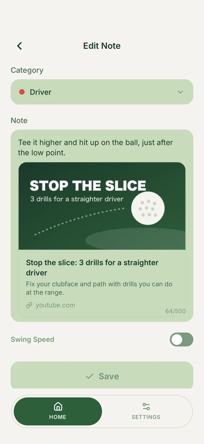 A saved YouTube tip about fixing a slice, with a note